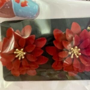 Source Unknown Red Floral Gold-Center Stud Earrings